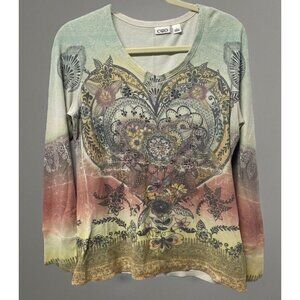 Cato Top Womens Sz L  Boho Print Hippie Long Sleeve Ribbed Pullover Long Sleeve
